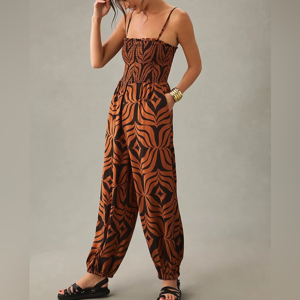 Anthropologie Printed Balloon Leg Jumpsuit Geometric Rust Orange Medium